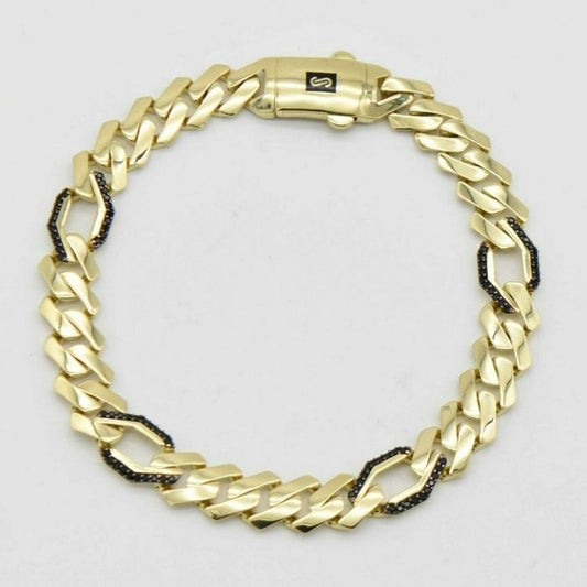 Goldarmband Damen Herren 585 : 14 Karat Gelbgold 9mm Rand Miami Cuban Figaro Link mit Onyx - Armband